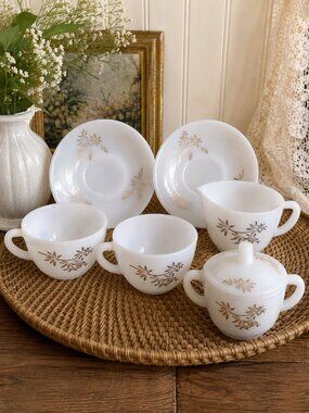 Set FEDERAL GLASS Golden Glory Milk Glass Gold Floral Tea Set Cups Sugar Creamer